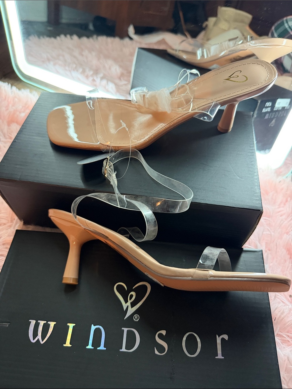 Windsor Beige Nude Clear Strap Kitten Heel Sandals